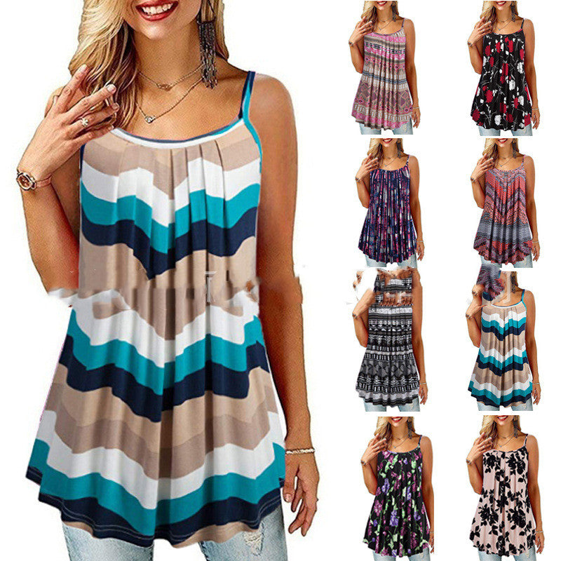 Women's Printed Pleated Wide Hem Loose Camisole - AlburyMart